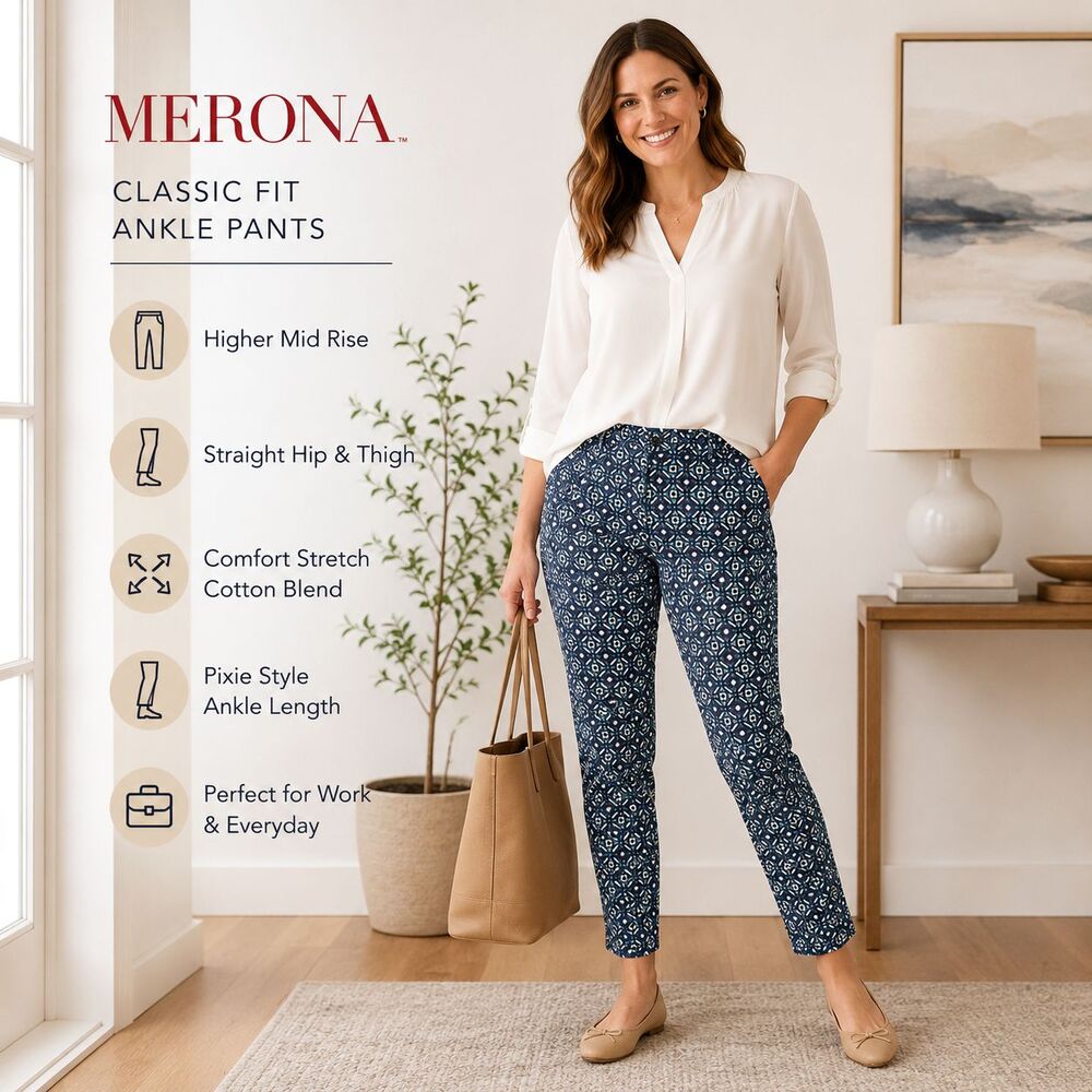 Merona Classic Fit Pants Women's 2 Blue Geometric Stretch Pixie Mid Rise Pockets